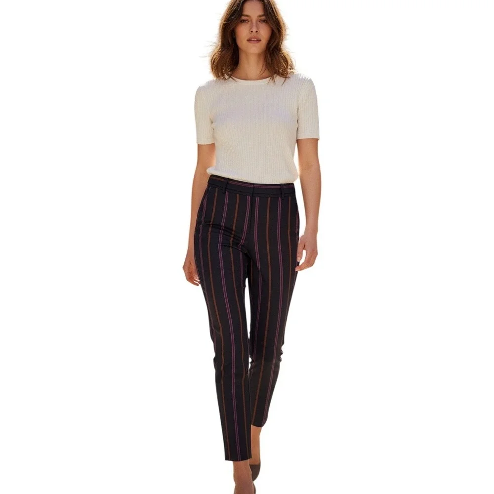 Anthropologie The Essential Slim Striped Pants‎ Burgundy Black Womens Size 10